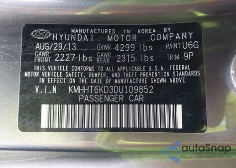 2013 Hyundai Genesis 2.0T R-Spec z USA, uszkodzony, nr VIN KMHHT6KD3DU109852